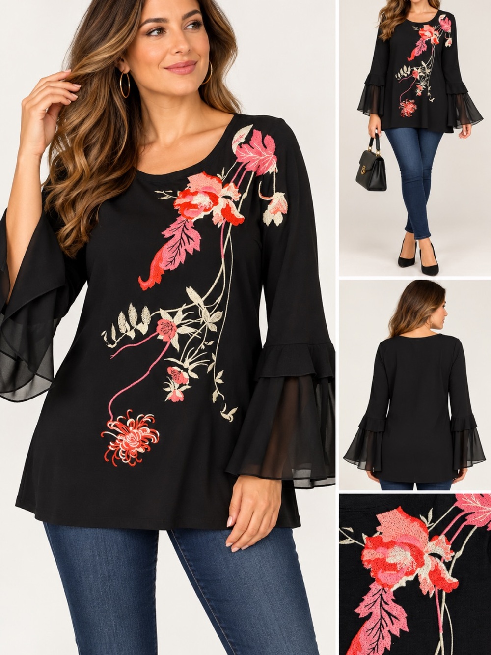 Alfani Women’s M Black Floral Embroidered Bell Sleeve Tunic Top Boho Romantic